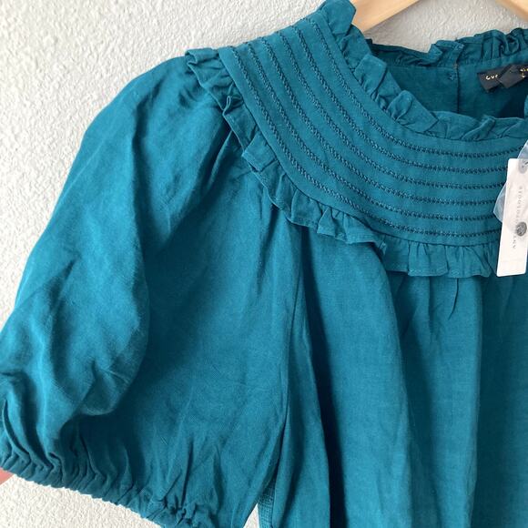 Current Air NEW Embroidered Ruffle Yoke Puff Sleeve Top - Green - Small - Picture 2 of 9